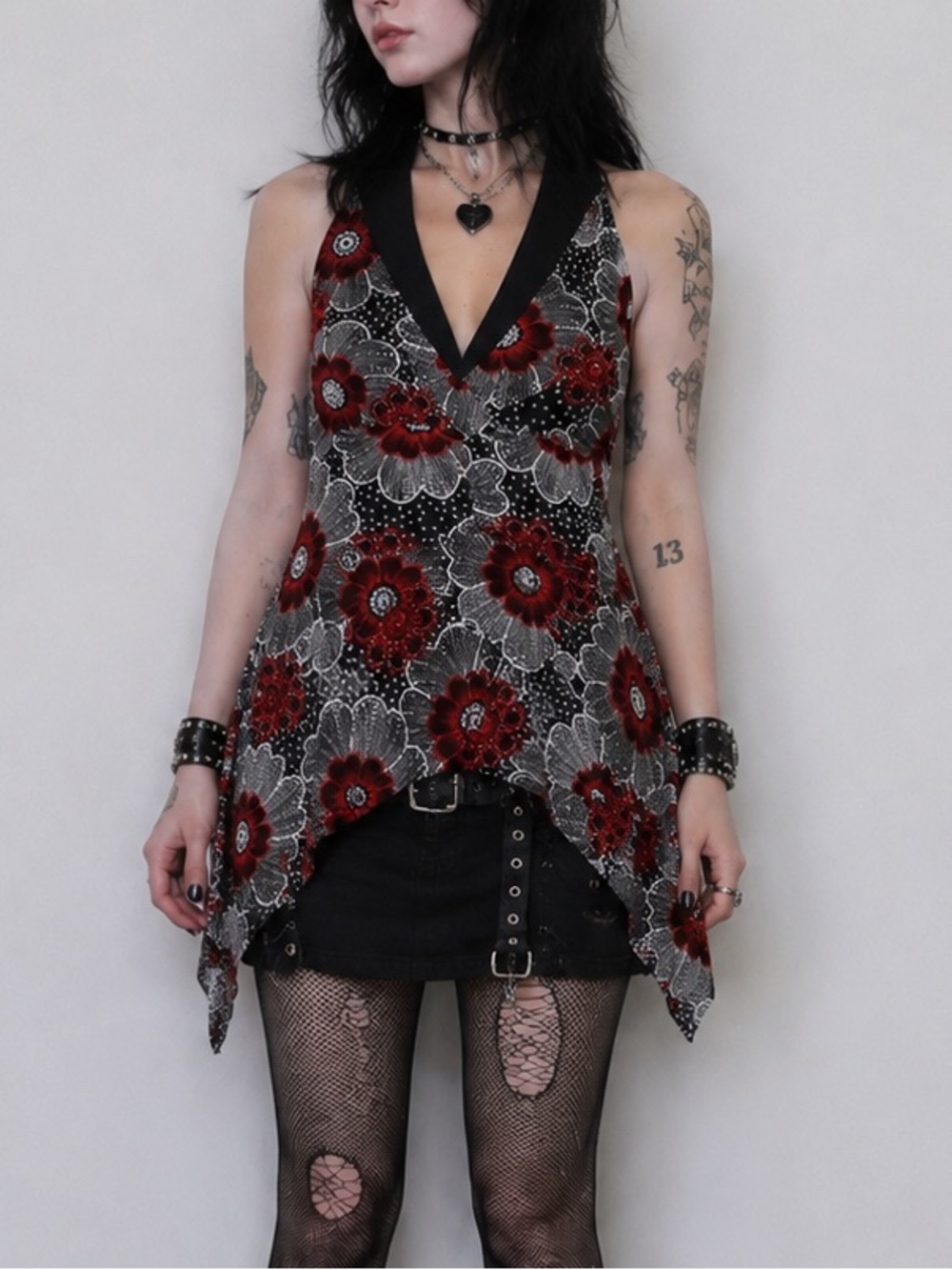 Mariposa Whimsy Early 2000s Fairy Core Black & Red Floral Baby Doll Halter Top